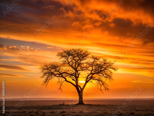 A tree stands alone in a field with a beautiful sunset in the background © Phary