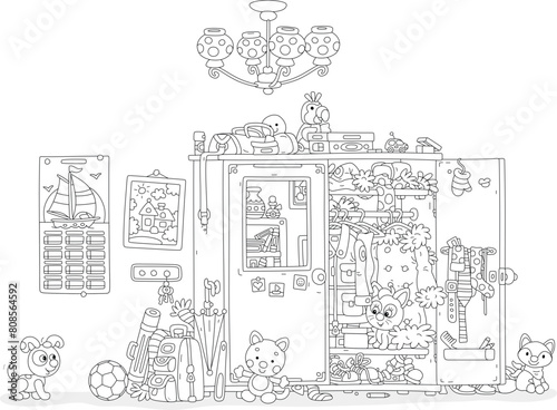 Funny little puppy and kitten playing hide and seek in a large closet full of different clothes, shoes, many other things and toys in a home hallway, black and white vector cartoon illustration
