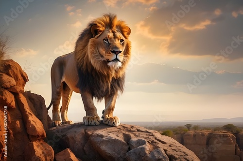 A majestic lion with a fiery mane, standing tall on a rocky cliff overlooking the savannah.