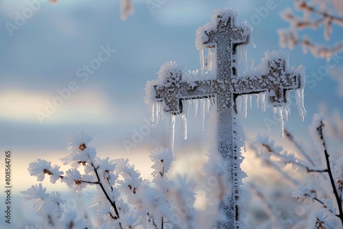 Winter scene of a small cross wrought with frosted branches and icicles hanging in delicate crystal formations, set against a sky of frosty breath clouds photo