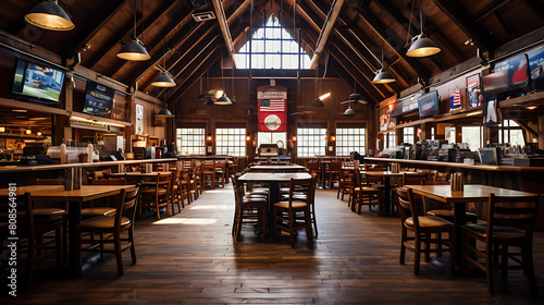 A smoky Texas roadhouse, where live country music plays and diners enjoy brisket sandwiches and cold beer at wooden tables covered in checkered tablecloths. photo