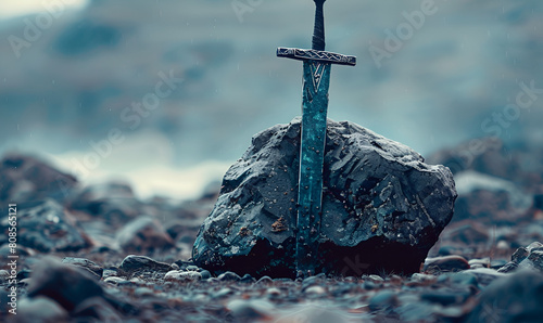 Sword stuck in a rock like in the Excalibur legend , the mythical sword of king Arthur, Sword stuck in a rock like in the Excalibur legend