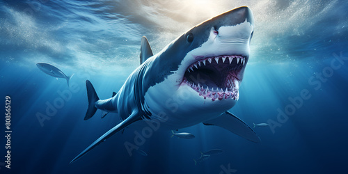 A big shark ready for hunting Exploration DeepSea Expedition Discovery with water background
 photo