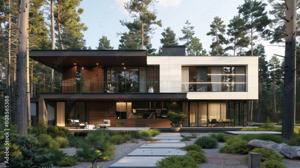 Harmonious blend of modernity and nature  minimalist cube house in forest setting
