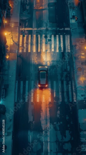 Aerial A car with its headlights on drives over a pedestrian crosswalk at night Top view from drone