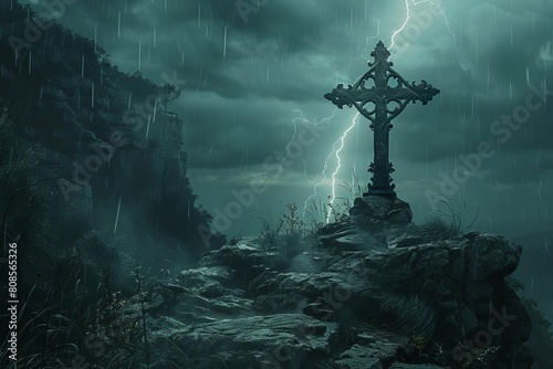 An ornate metallic cross perched on a cliffside, its outline stark against a raging thunderstorm, lightning flashing behind photo