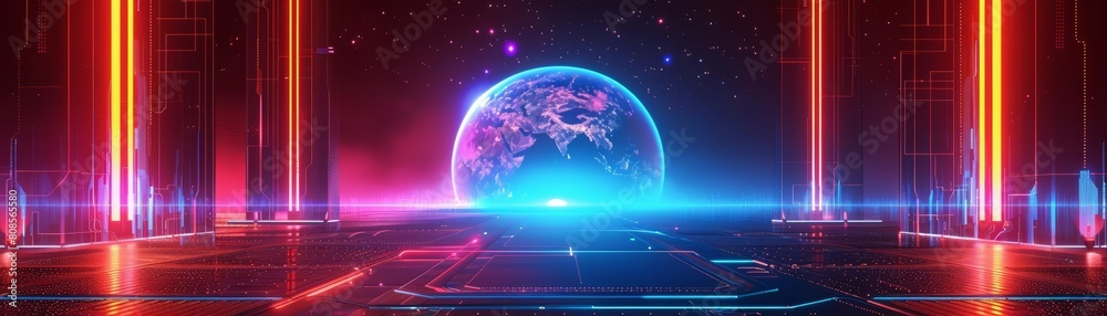 Fototapeta premium Creative fantasy podium of digital transformation, embracing innovation and progress, in cyber color, with big copy space
