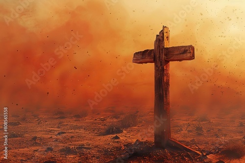 A roughhewn timber cross laying weatherbeaten in an isolated desert setting, standing out stark against a swirling sandstorm and gritty orange sky photo