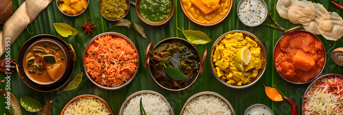 A colorful array of traditional Udupi food on Banana Leaf with South Indian Copper Cookware