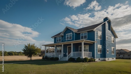 Isolated on a clear backdrop  a conventional American two-story house in big blue.