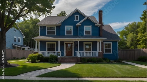 Isolated on a clear backdrop  a conventional American two-story house in big blue.