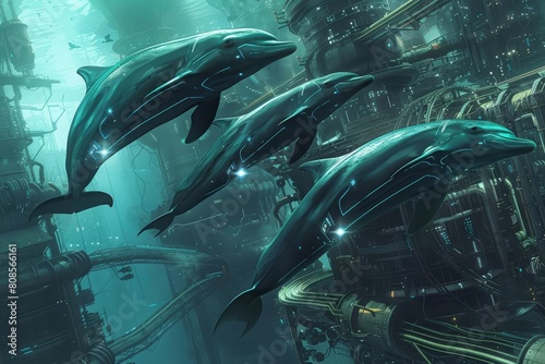 Cybernetic dolphins leap around the hydropowered turbines, their movements syncing perfectly with the oceans rhythms photo