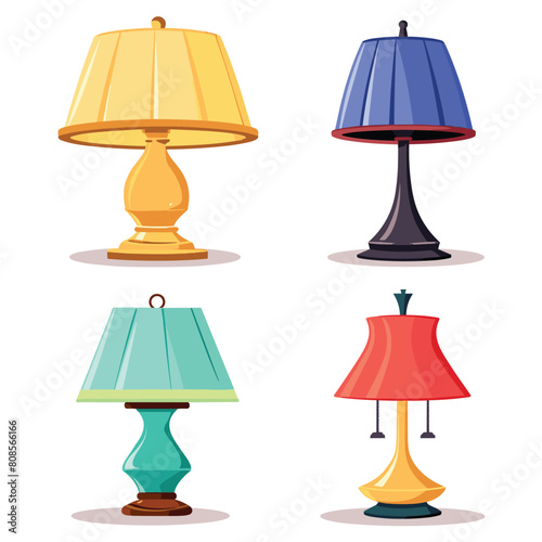 Collection four colorful table lamps, home decor illustration. Different styles lamps interior design, lighting fixtures. Cartoon vector lamps shades yellow, blue, teal, red colors