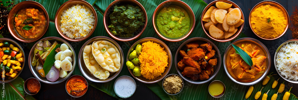 A colorful array of traditional Udupi food on Banana Leaf with South Indian Copper Cookware