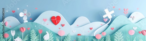Illustration banner of medical insurance in paper art styles, ensuring comprehensive coverage, with big copy space photo
