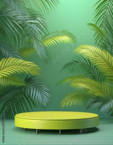 Leafy Luxe  Podium Mockup Enhanced by Tropical Palm Leaves