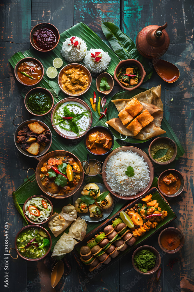 A colorful array of traditional Udupi food on Banana Leaf with South Indian Copper Cookware