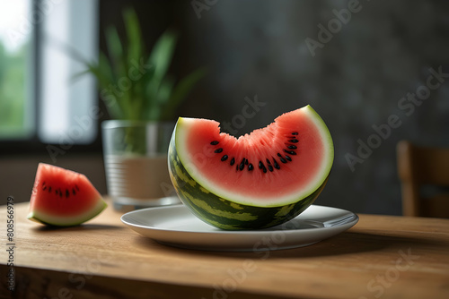 A close-up of a juicy watermelon slice on a white plate, glistening under natural light, HD, Hyper resolution 