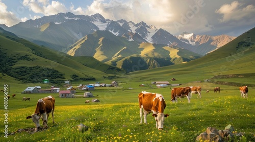 Cows graze on the hills amidst the breathtaking beauty of the city between the mountains.