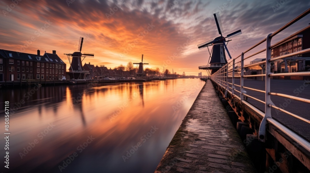 Fototapeta premium The road leads to the Dutch windmill from the canal. at sunset