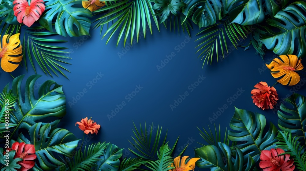 4K high-definition wallpaper, vibrant jungle scenes, large leaves, and surreal animal illustrations. With copyable space and white space in the middle, it is surrounded by lush green foliage and color