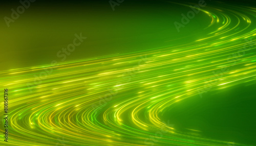 Illustation of glowing neon lines in green and yellow on reflecting floor - abstract background. © marog-pixcells