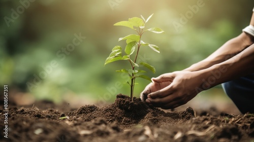 two men planting trees Young man's hands are planting seedlings and trees growing in the ground. environment day concept