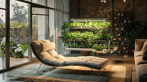 A living room with a single, suspended aeroponic plant system, and a contemporary chaise lounge photo