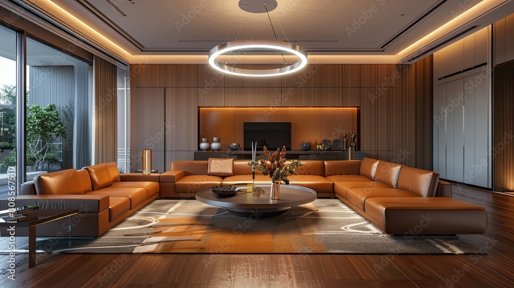 A living room with a single, oversized LED ring chandelier, and a modular leather seating arrangement A living room with a single, oversized LED ring chandelier, and a modular leather seating arrangement