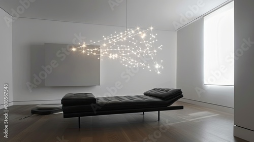 A living room with a single, artistic LED light fixture resembling a constellation, and a minimalist black leather daybed photo