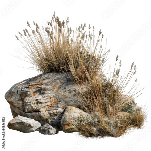 Isolate savanna dry grass meadow shrubs with rocks on transparent backgrounds isolated on white background 
