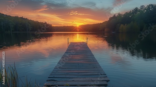 A serene pond and dock atop still waters at sunset. Generative AI.