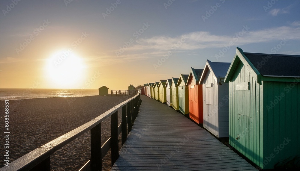 Obraz premium colorful array of beach cabins aligned along a sunlit boardwalk by the sea summer vacation background