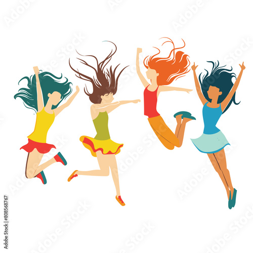 Four joyful women dancing freely expressing happiness excitement. Diverse female characters celebrating, wearing colorful casual dresses, shoes, dynamic hair movement. Joy celebration energetic