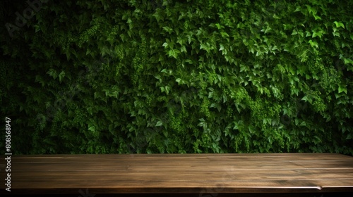 wooden table, green vine tree wall background