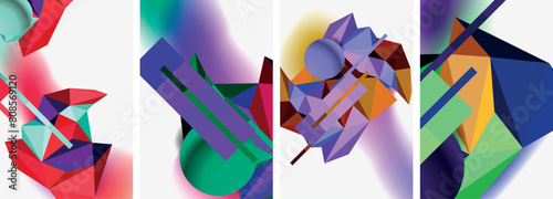 A vibrant collage featuring a colorful array of geometric shapes including shades of purple, violet, magenta, and paint on a white background, showcasing creativity and artistic flair