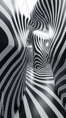 Conceptualize a wallpaper with optical illusions in monochrome  creating a sense of depth and movement for unique public spaces or galleries