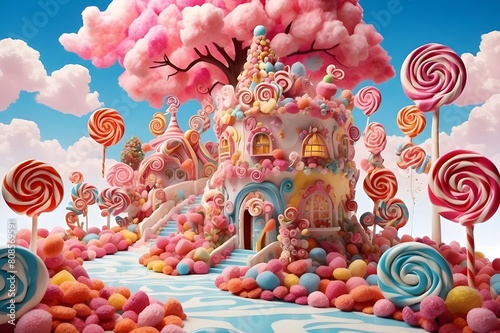 A colorful and whimsical candy land, with cotton candy clouds and lollipop trees, where everything is made of sweets. © Malik