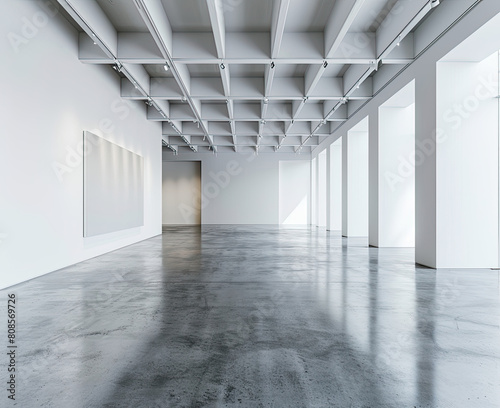 Contemporary gallery space with blank white walls and polished concrete floors, designed for artists to digitally project their work onto the surfaces photo
