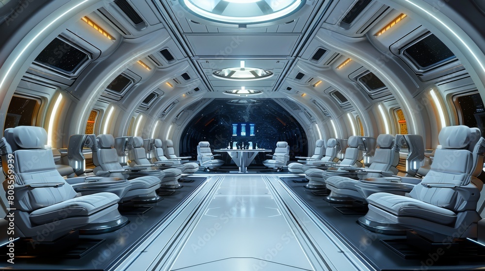 Naklejka premium A conference room inside a starship, clean and modern, sci-fi. Generative AI.