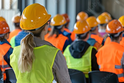 Standard for working Environmental Health and Safety Specialist. Realistic image of safety person and team.