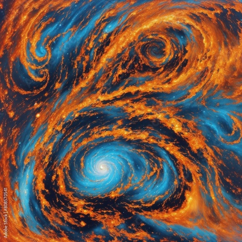 Create a cosmic tableau with a primary palette of vibrant orange, rich gold, dark brown, and white highlights. Construct a scene where the deep blue forms a serene backdrop, complemented by fiery oran