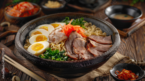 A large bowl of appetizing hot ramen, decorated with sliced ​​meat, fresh vegetables and boiled eggs, served on a wooden table with traditional Japanese tableware, Ai Generated Images