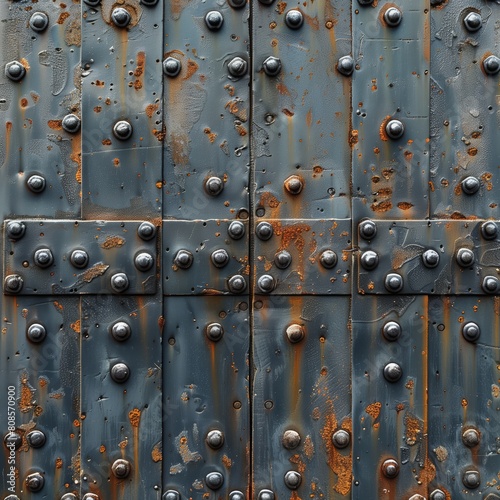 Old metal texture with rust and rivets. AI generation