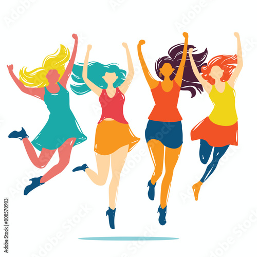 Four women jumping joyfully, celebrating happiness, freedom. Diverse female characters express joy, elation, diverse ethnicities. Casual clothes, vibrant colors, motion, excitement, white background