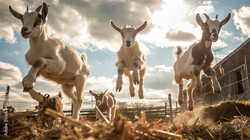Exuberant goat kids captured mid-jump, frolicking in a farmyard with straw underfoot and a dramatic cloudy sky overhead. photo