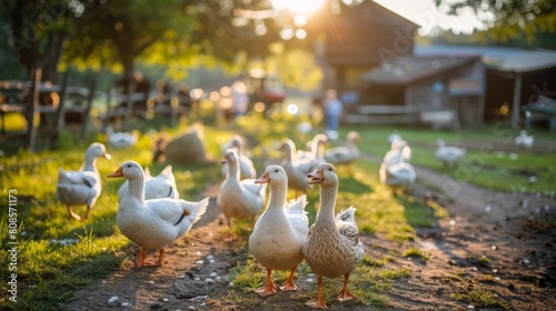 A group of geese leisurely walks across a farmyard bathed in the warm, golden light of sunset, creating a peaceful rural scene. photo