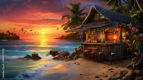 A colorful Caribbean beach shack serving jerk chicken and tropical cocktails to relaxed vacationers enjoying the sunset and sea breeze. photo