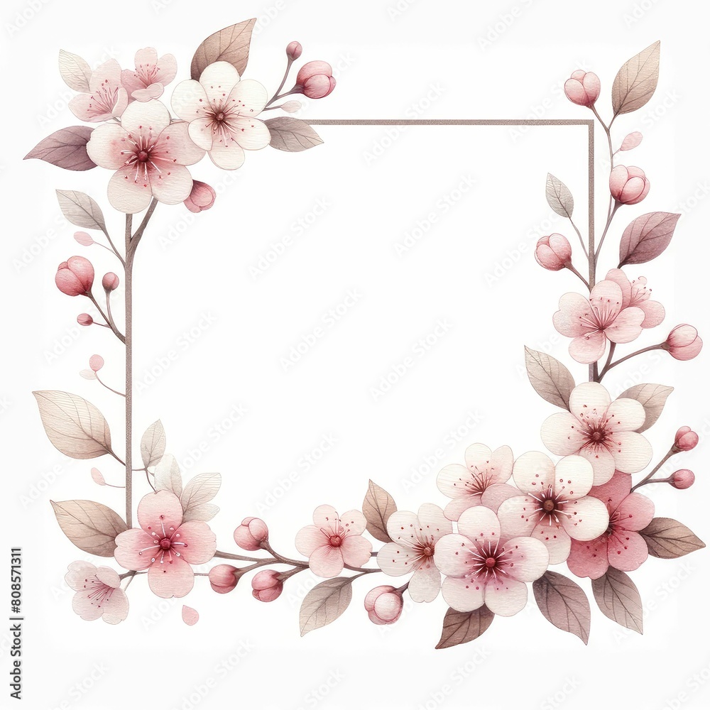 cherry blossom themed frame or border for photos and text. watercolor illustration, Perfect for nursery art, simple clipart, single object, white color background. Frame for Wedding invitation.