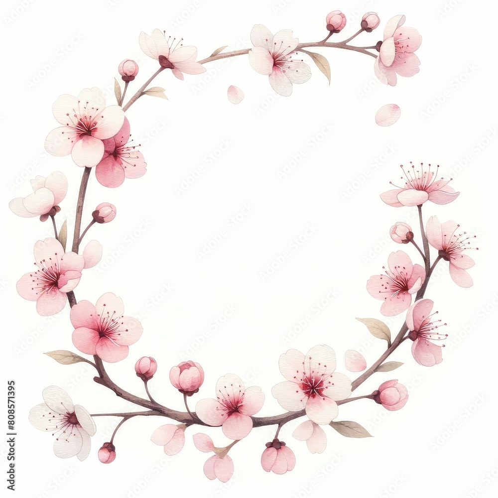 cherry blossom themed frame or border for photos and text. watercolor illustration, Perfect for nursery art, simple clipart, single object, white color background. Frame for Wedding invitation.